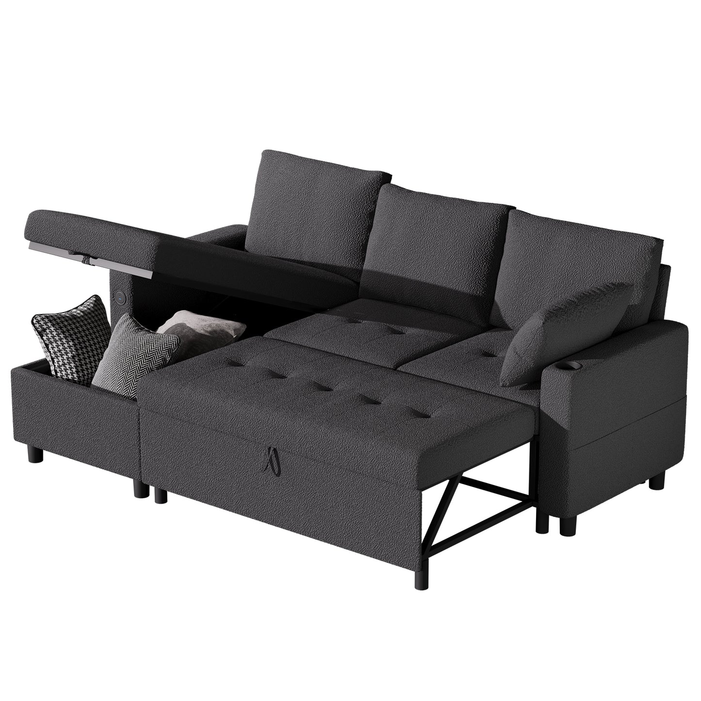 YODOLLA Teddy Velvet L-Shaped Sleeper Sofa, Pullout Bed, USB & Storage, Black