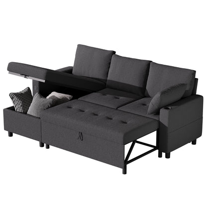 YODOLLA Teddy Velvet L-Shaped Sleeper Sofa, Pullout Bed, USB & Storage, Black