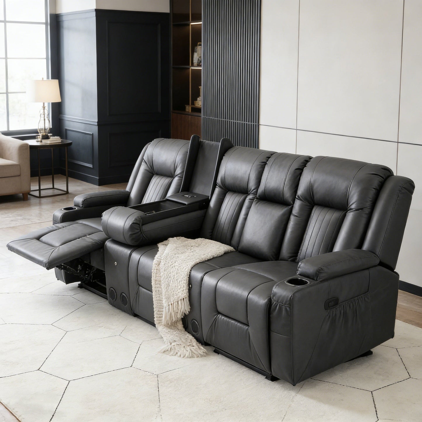 YODOLLA Faux Leather Recliner Sofa w/ 2 Consoles, Black