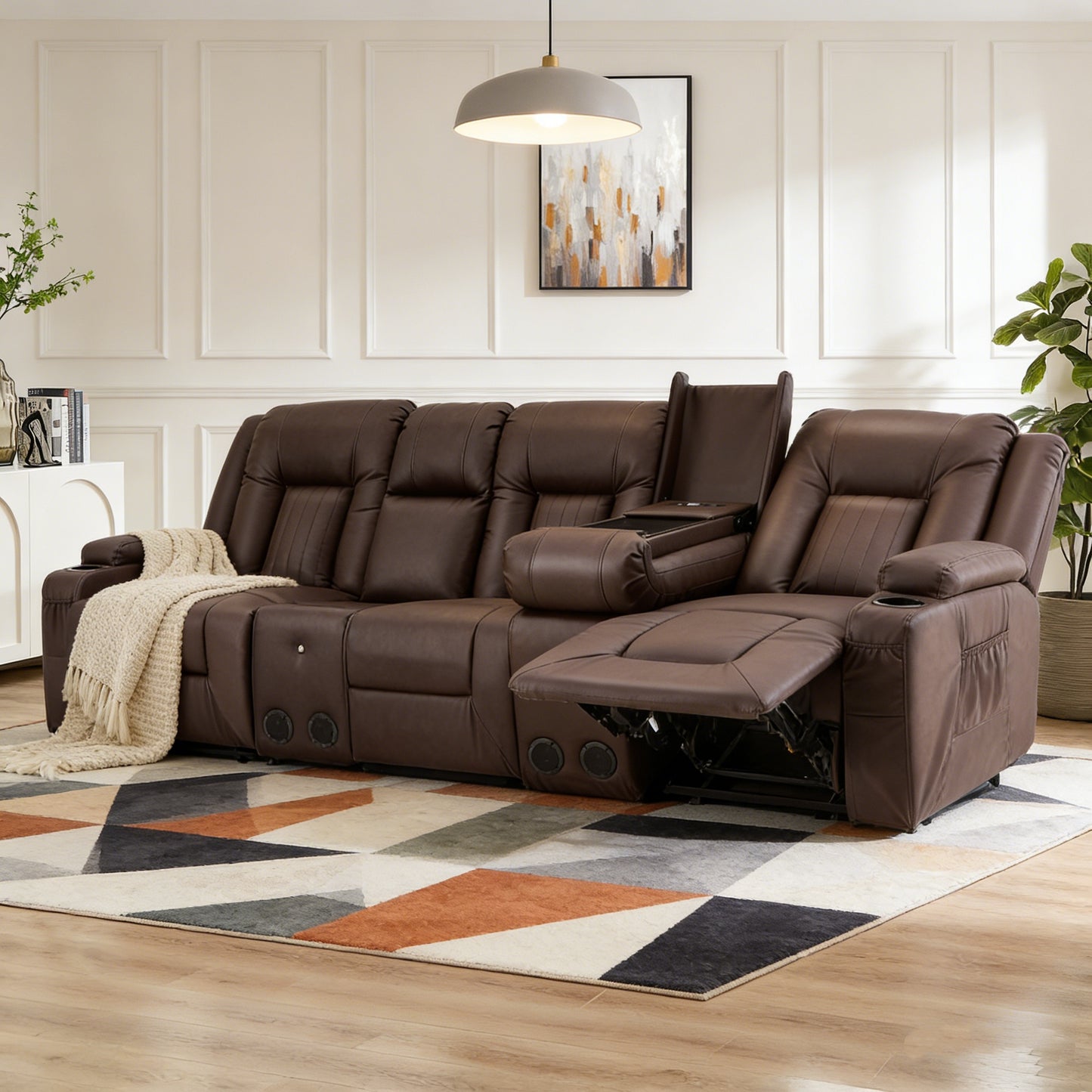 YODOLLA Brown Reclining Sofa w/ 2 Consoles & Speakers