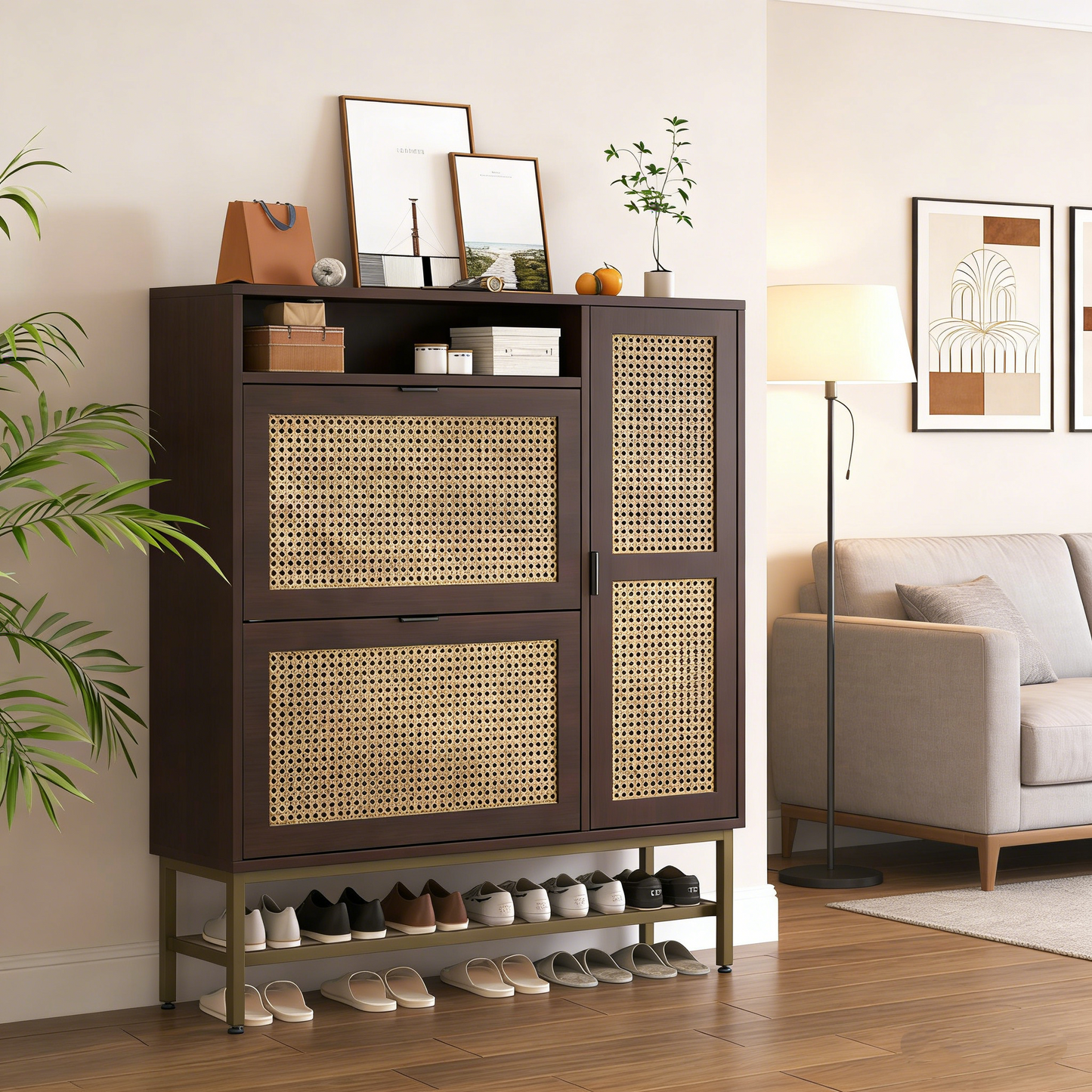 YODOLLA Rattan Shoe Cabinet with 3 Flip Drawers, Brown