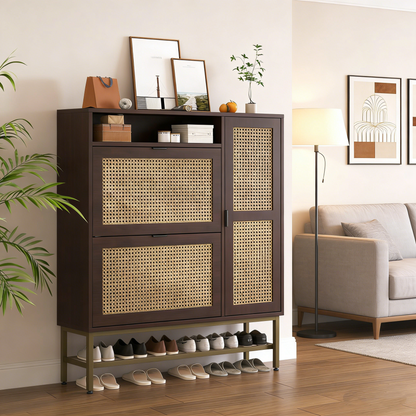 YODOLLA Rattan Shoe Cabinet with 3 Flip Drawers, Brown