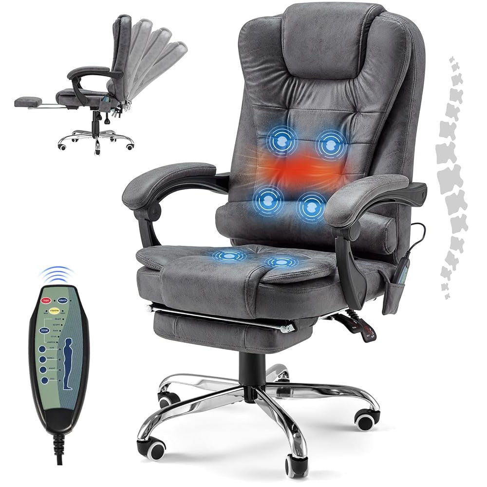 YODOLLA Massage Office Chair with Heat w/Retractable Footrest, Grey Leathaire