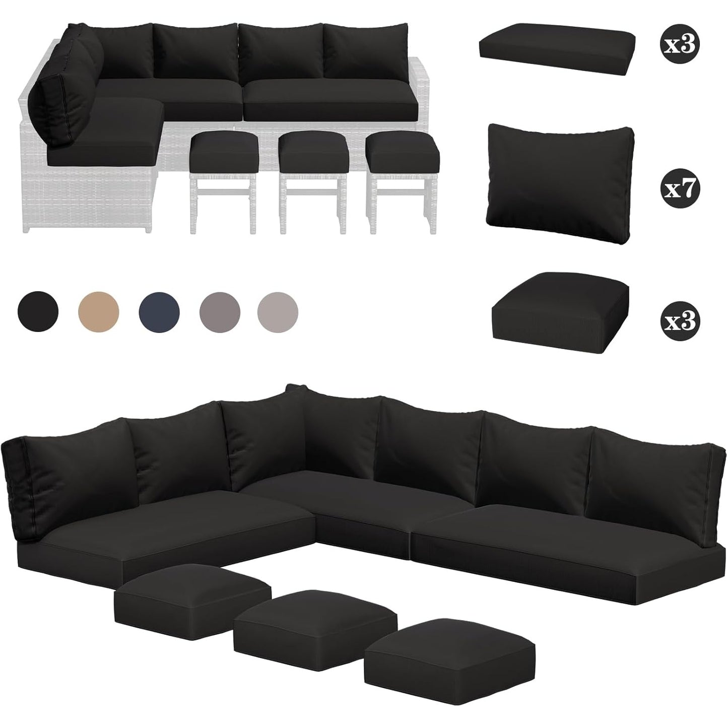 YODOLLA Memory Foam Cushions and Covers, Black