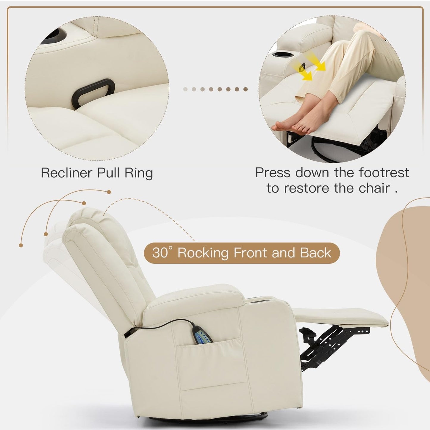 YODOLLA Recliner Chair with Heat&Massage, PU Leather Cream White