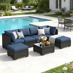 YODOLLA 7 Piece Outdoor Patio Furniture Set, Black & Dark Blue