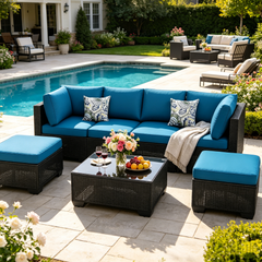 YODOLLA 7 Piece Outdoor Patio Furniture Set, Black & Peacok Blue