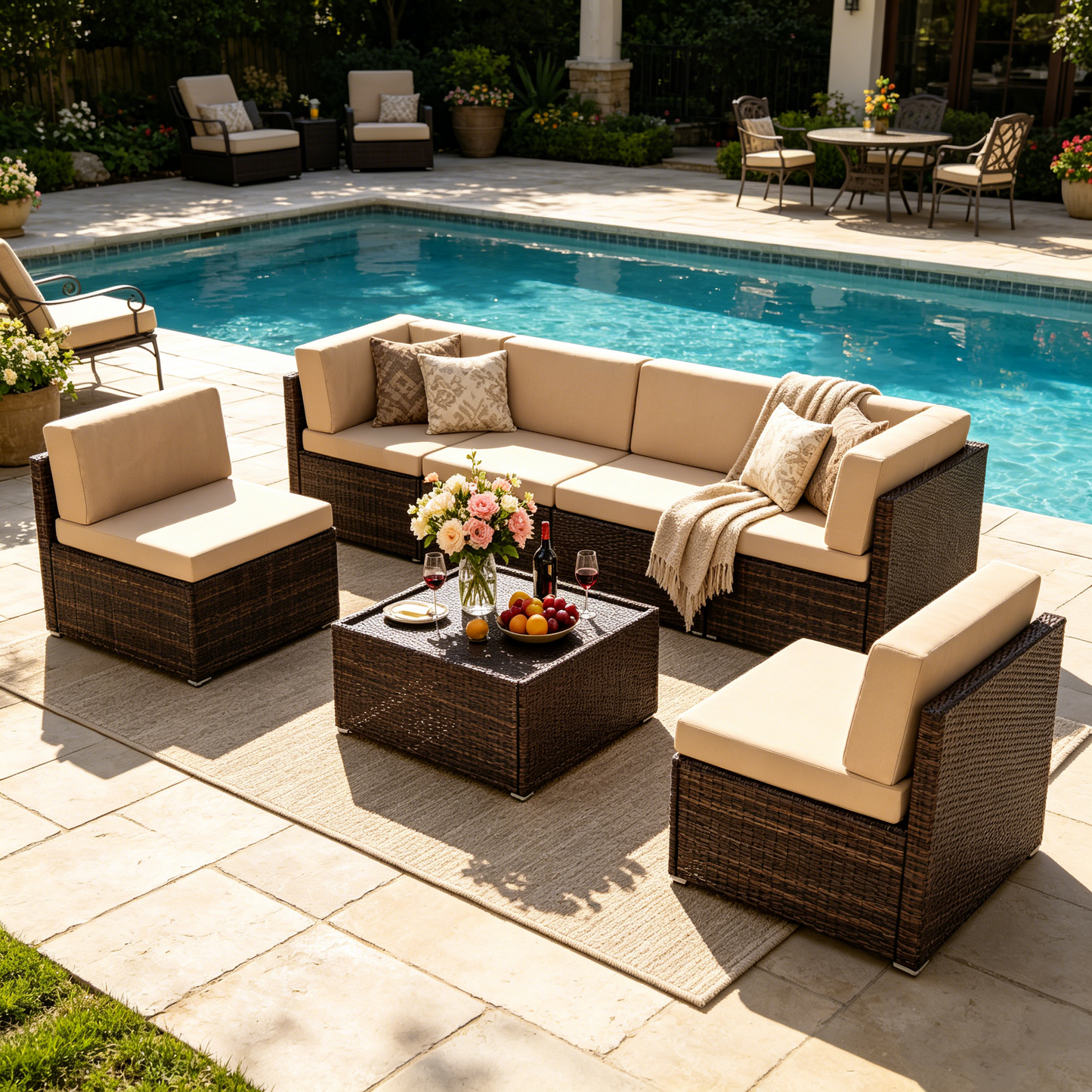 YODOLLA 7 Piece Outdoor Patio Furniture Set, Brown & Beige