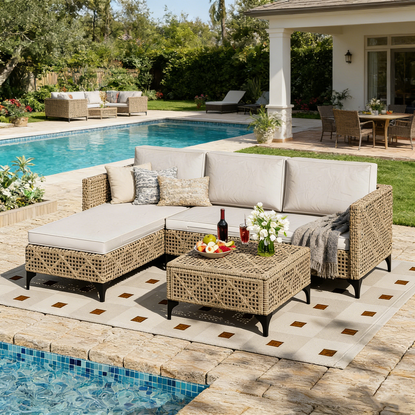YODOLLA Small Outdoor Patio Furniture Set, 3 Pieces All Weather Wicker Rattan Sectional Sofa