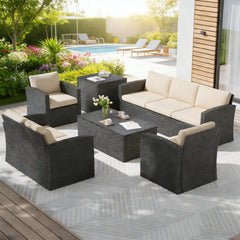 YODOLLA 7 PCS Outdoor Patio Furniture Sets with 2 Storage Boxes, Black & Beige
