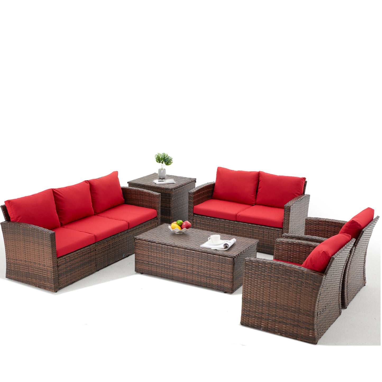 YODOLLA 7 Pieces Patio Furniture with Two Storage Boxes, Brown & Red