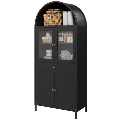 YODOLLA 73'' Kitchen Pantry, Metal Arched Storage Cabinet with Glass Doors/Adjustable Shelfs/Drawer