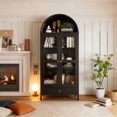 YODOLLA 73'' Kitchen Pantry, Metal Arched Storage Cabinet, Modern Display Bookcase China Cabinet