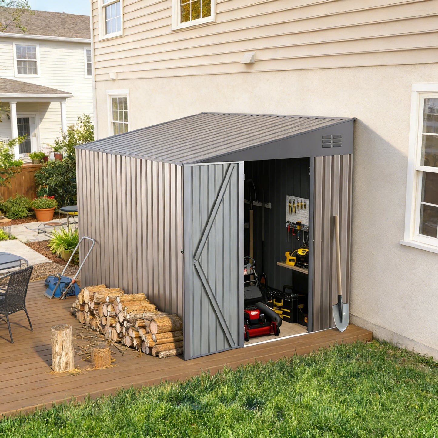 YODOLLA Outdoor 6' x 8' Metal Wall Side Lean to Storage Shed, Brown