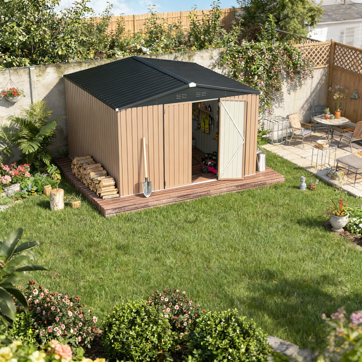 YODOLLA 10' x 10' Shed Outdoor Storage Shed with Lockable Doors, Brown