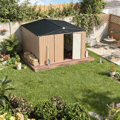 YODOLLA 10' x 10' Shed Outdoor Storage Shed with Lockable Doors, Brown
