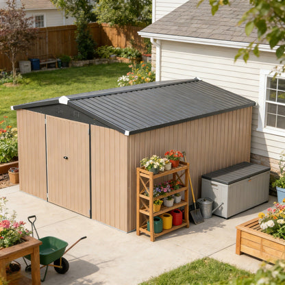 YODOLLA 10x14 Metal Outdoor Storage Garden Shed, Brown