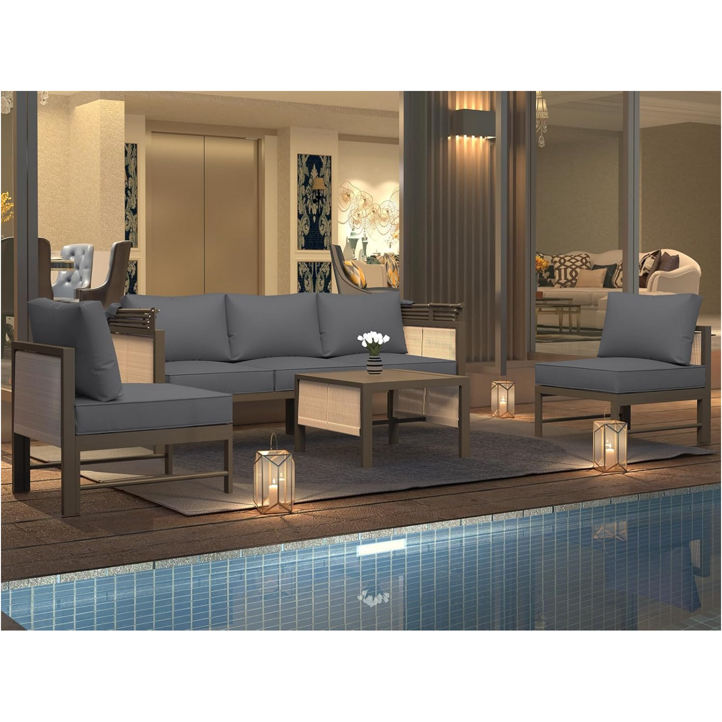 YODOLLA 4 Pieces Aluminum Patio Furniture Set, Retractable Canopy, Light Grey
