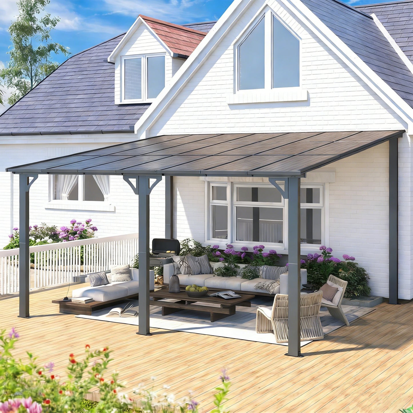 YODOLLA 14' x 12' Hard Top Lean to Gazebo Outdoor Pergola, Dark Gray