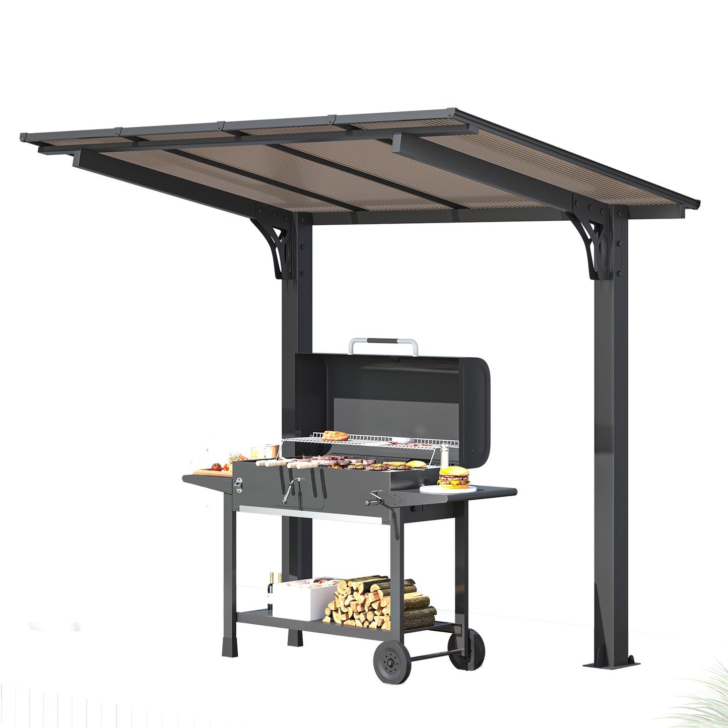 YODOLLA 8' x 5' Hardtop Pergola, Wall-Mounted Grill Gazebo & Carport for Patio, Deck & Outdoor Use