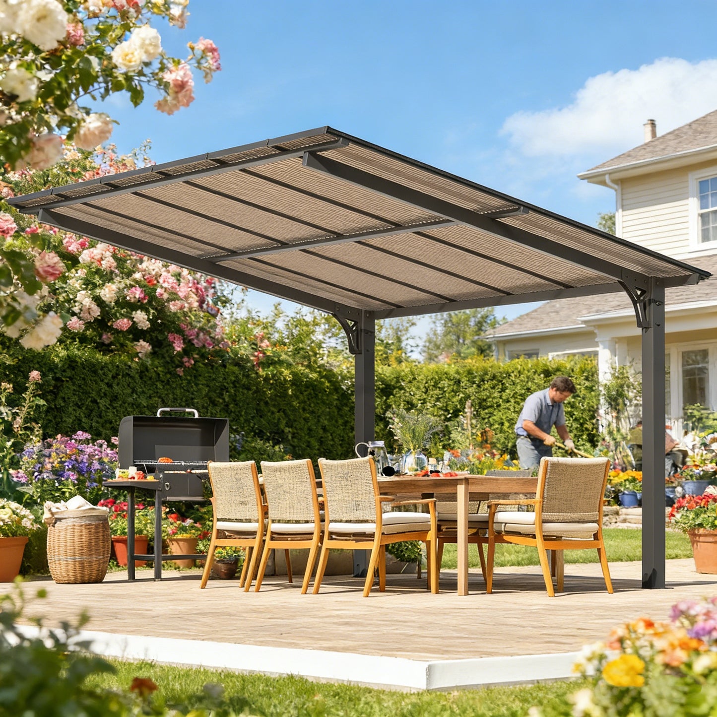 YODOLLA 12' x 10' Gazebo, Outdoor 10x12 Pergola Carport for Patio, Freestanding Lean to Hardtop Gazebo, Pergolas and Gazebos Clearance with Roof