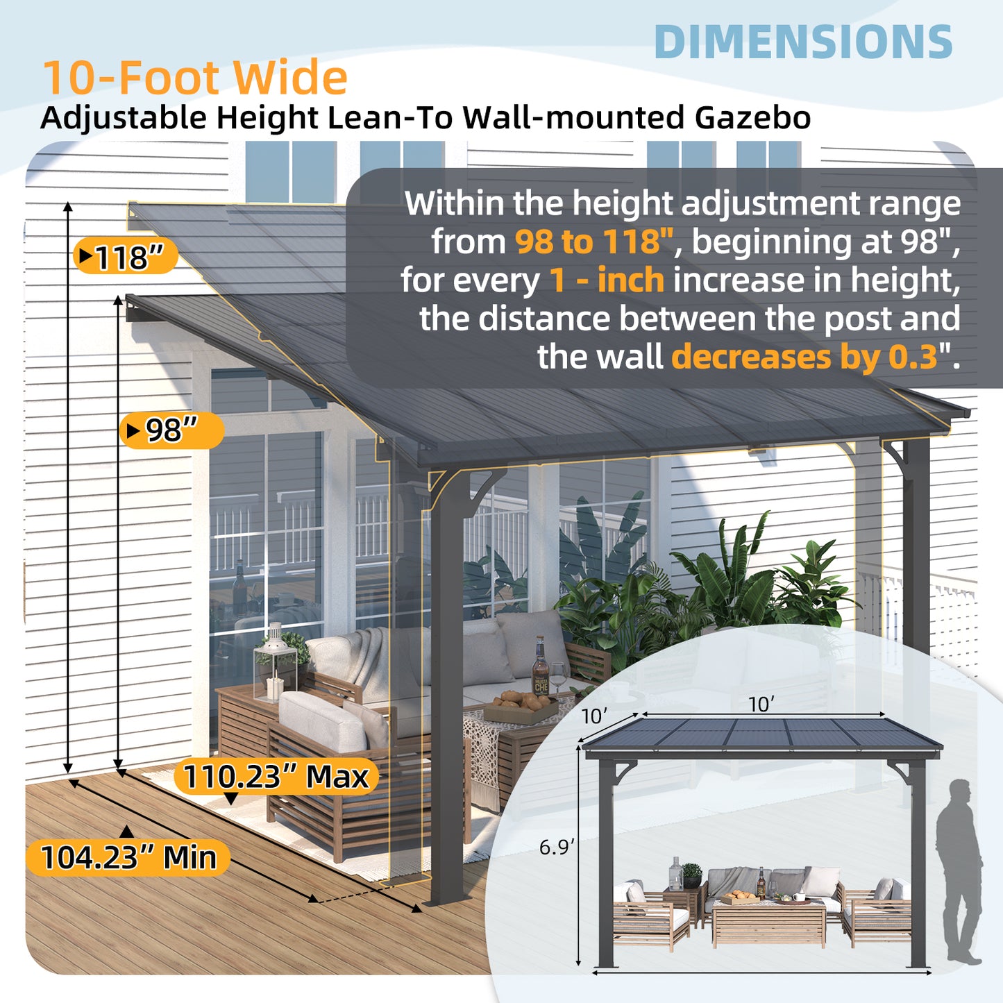 YODOLLA Adjustable Height Outdoor Gazebo Pergola for Patio, Dark Gray