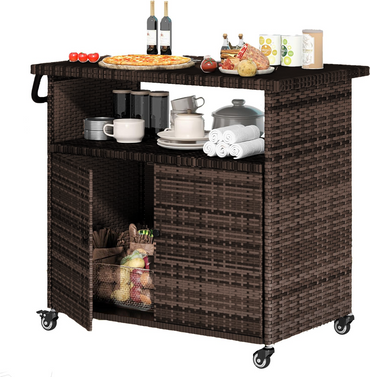 YODOLLA Outdoor Bar Cart, Patio Storage Grill Cart with Handles, Brown