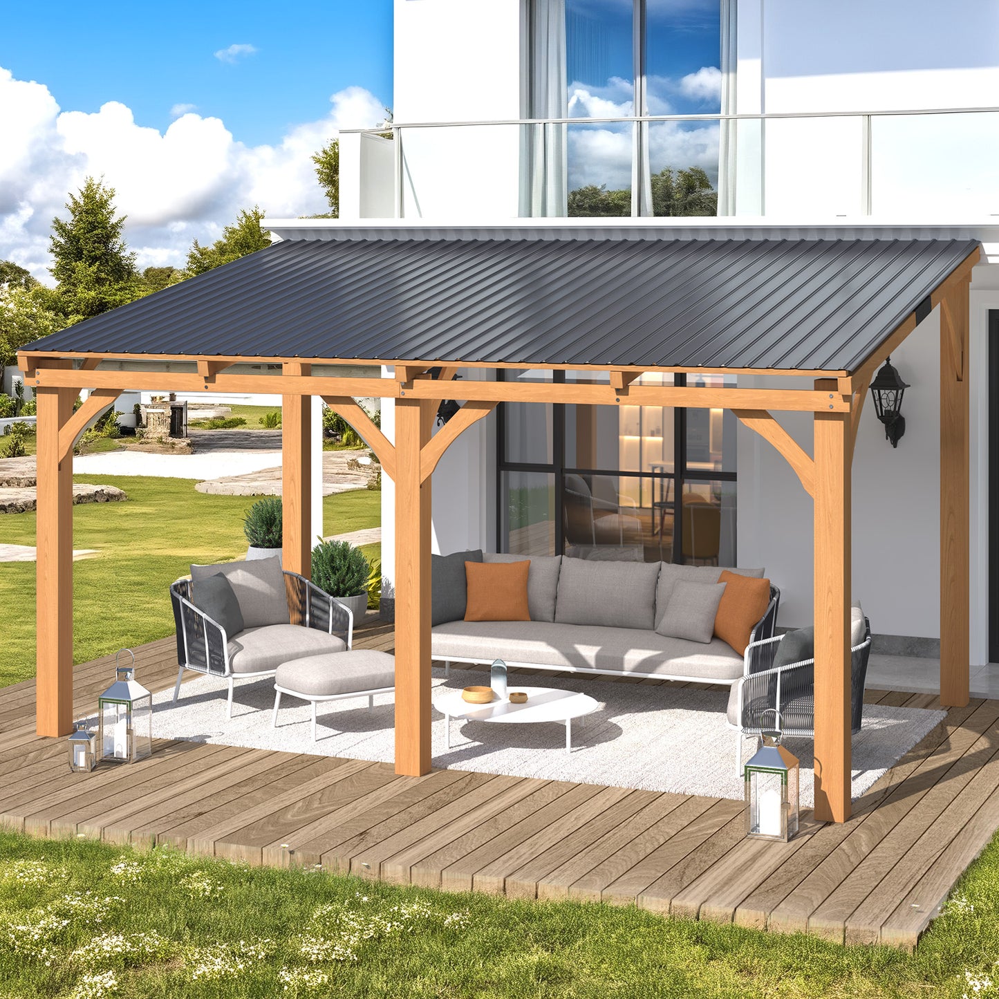 YODOLLA Outdoor Wooden Gazebo, Patio Lean to Hardtop Pergolas and Gazebos
