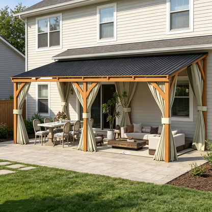 YODOLLA 20x10 Outdoor Wooden Pergola Gazebo with Curtains and Netting for Patio