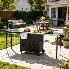 YODOLLA Outdoor Grill Cart Table with Sink, Portable Folding Kitchen Island with Storage Cabinet