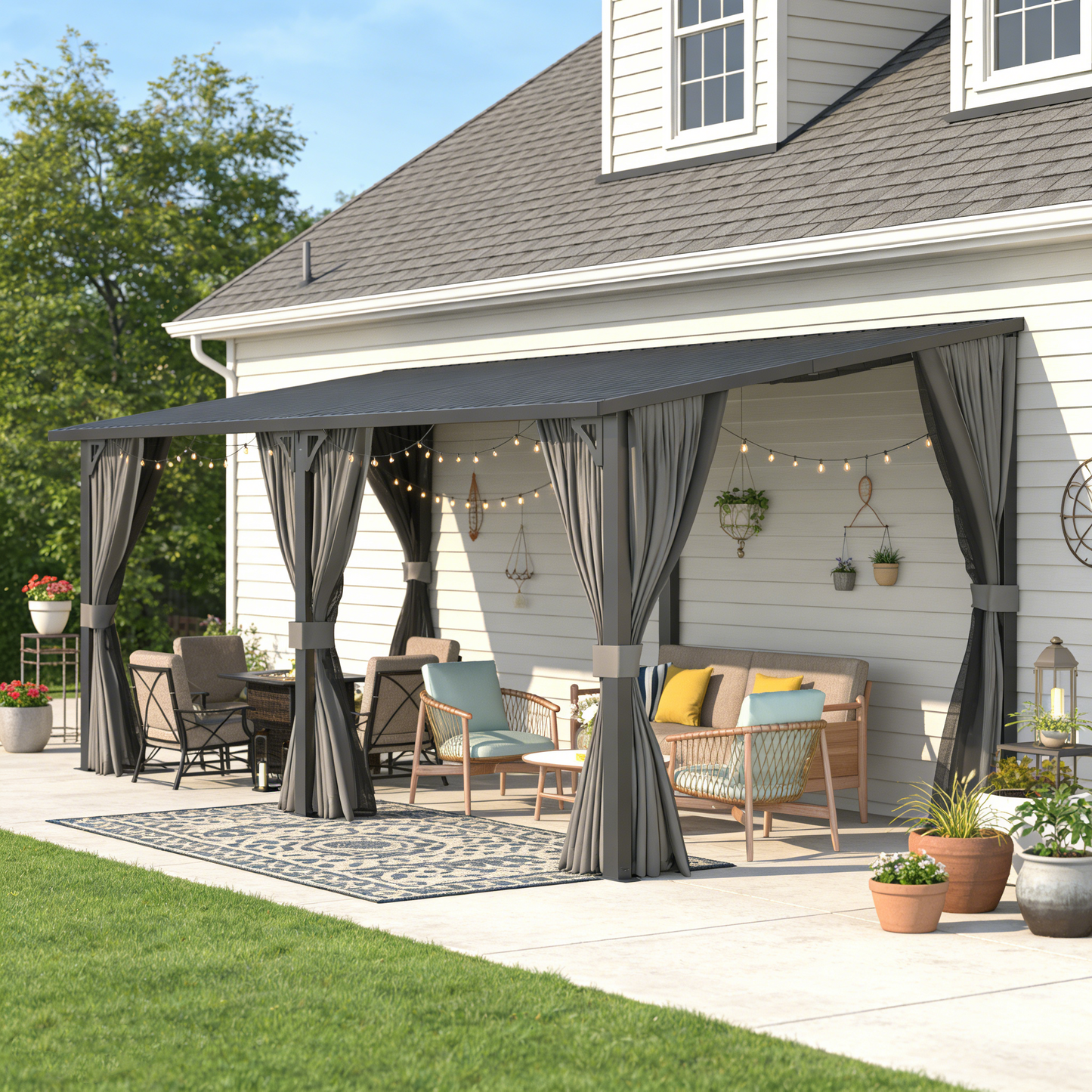YODOLLA 20'x10' Outdoor Hardtop Metal Gazebo with Curtains and Netting for Patio