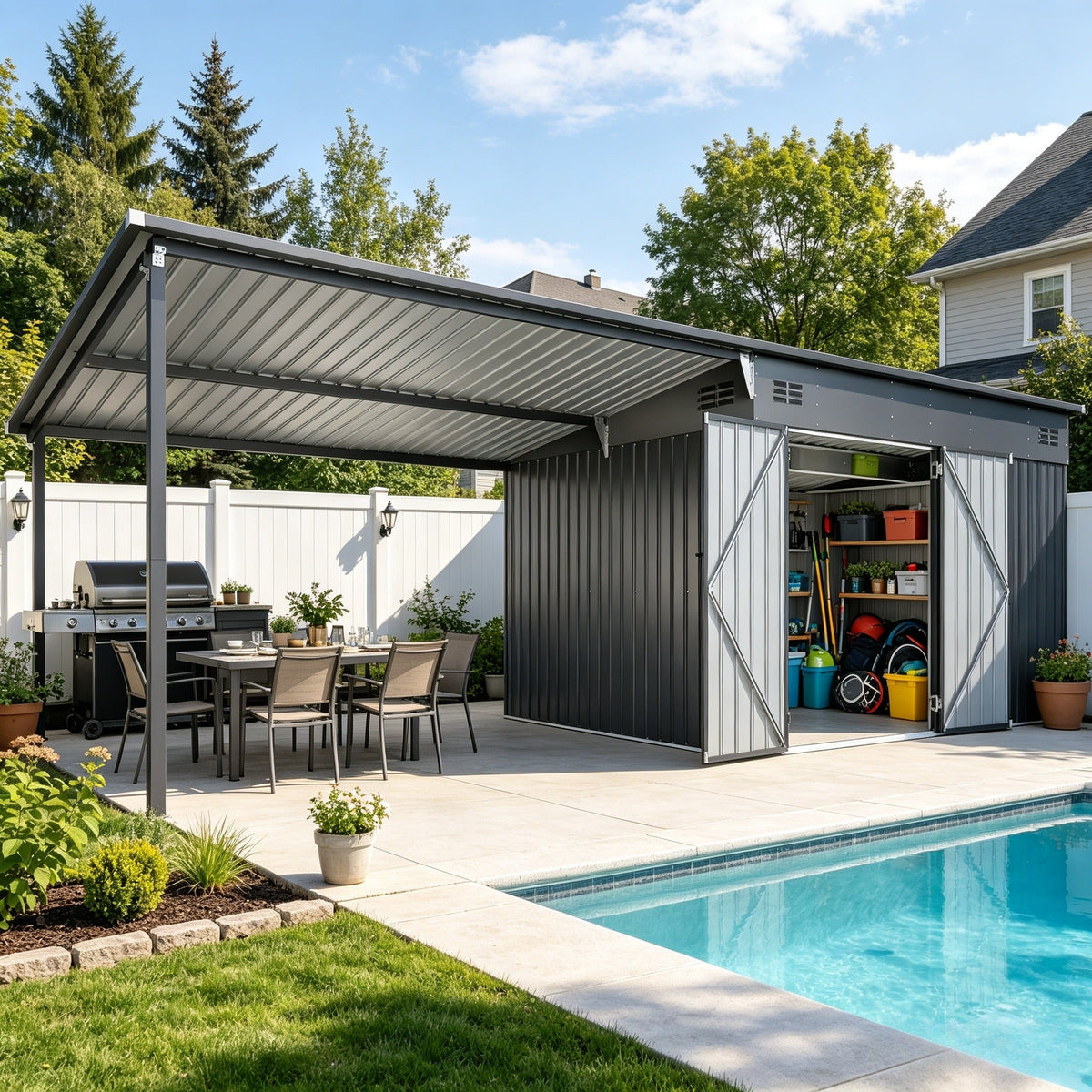 YODOLLA 20x8 FT Metal Outdoor Storage Shed with Pergola Hardtop Combo