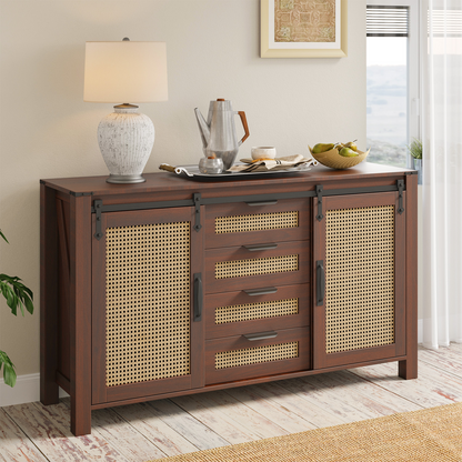 YODOLLA Farmhouse Sideboard Buffet Cabinet with Storage, Rattan Kitchen Cabinet w/Sliding Barn Doors & 4 Drawers