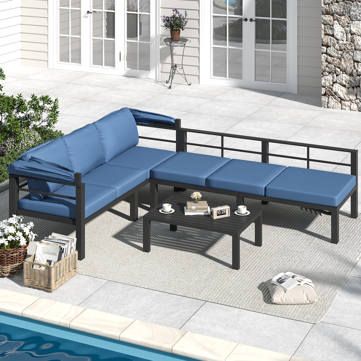 YODOLLA Patio Furniture Set with Retractable Canopy, Dark Blue