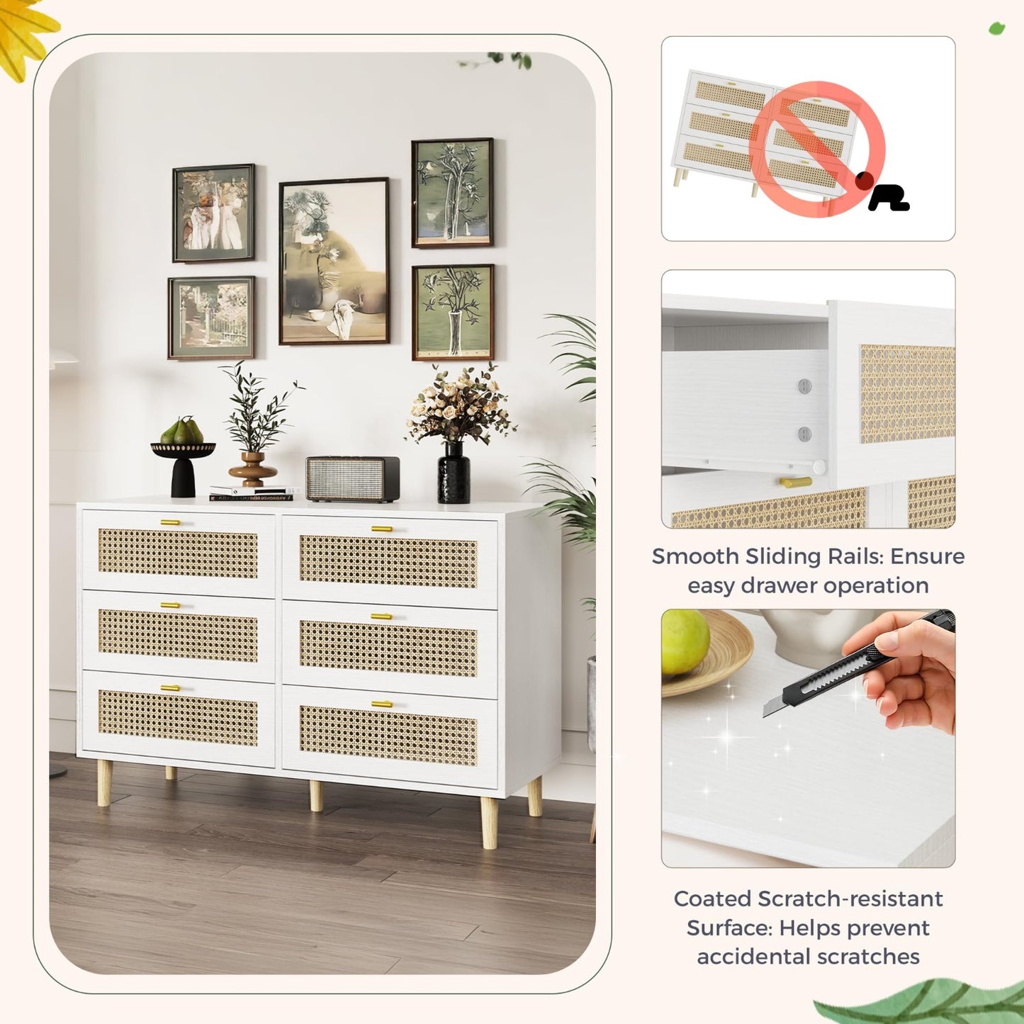 YODOLLA Wicker Dresser 6 Drawer Rattan Dresser, White