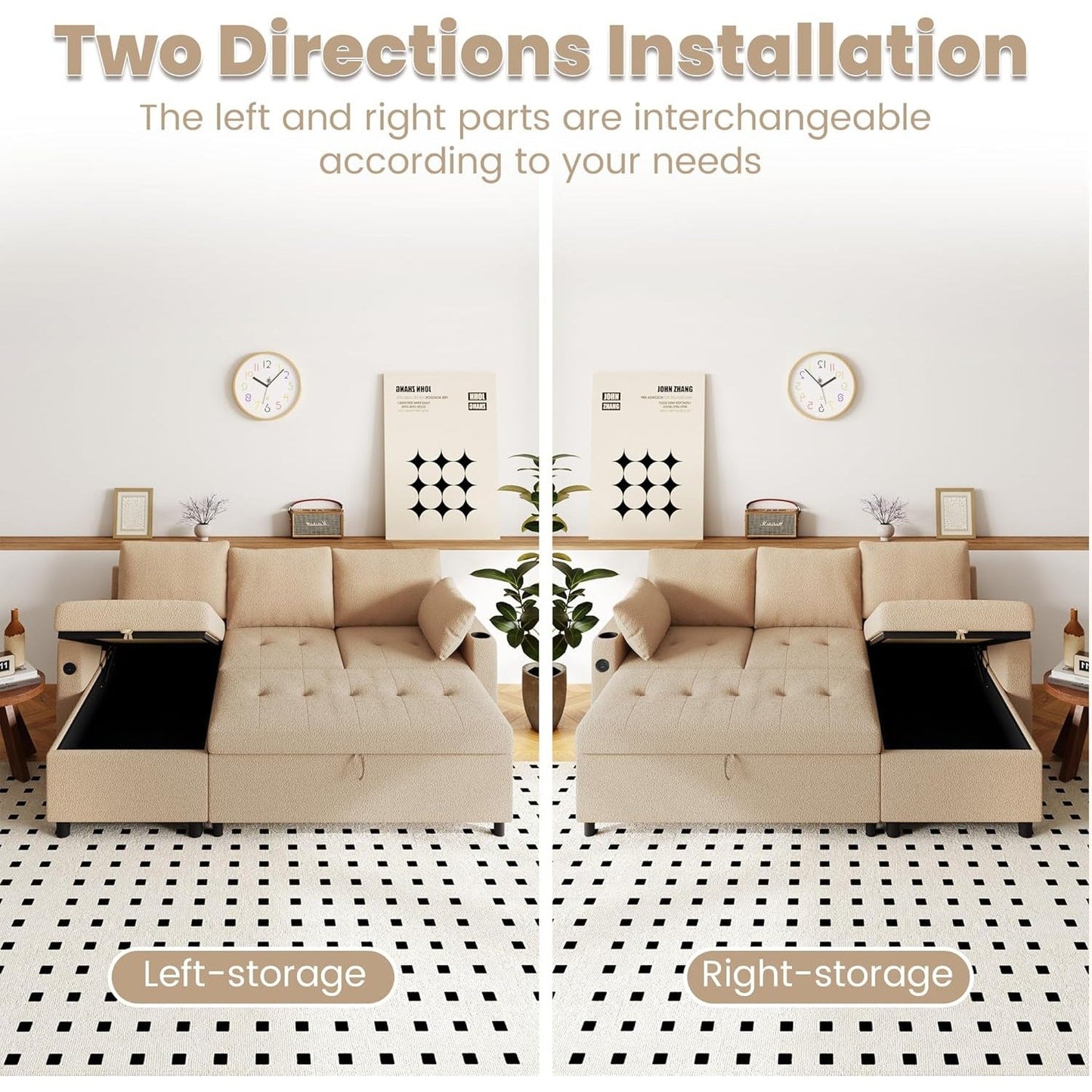 YODOLLA Teddy Velvet L-Shaped Sleeper Sofa, Pullout Bed, USB & Storage, Brown