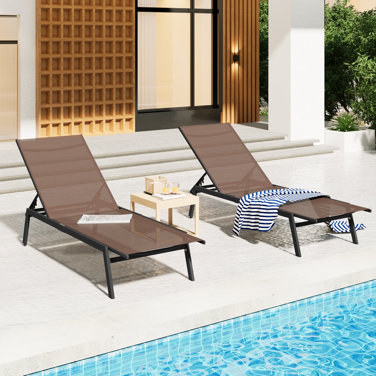 YODOLLA 4 PCS Curved Design Pool Lounge Chairs, Brown