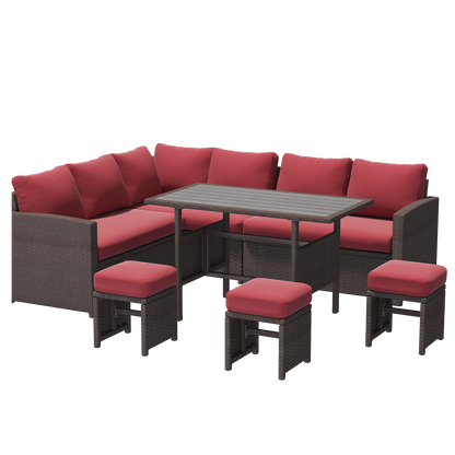 YODOLLA 7 Pieces Outdoor Wicker Rattan Furniture Set, Brown & Wine Red