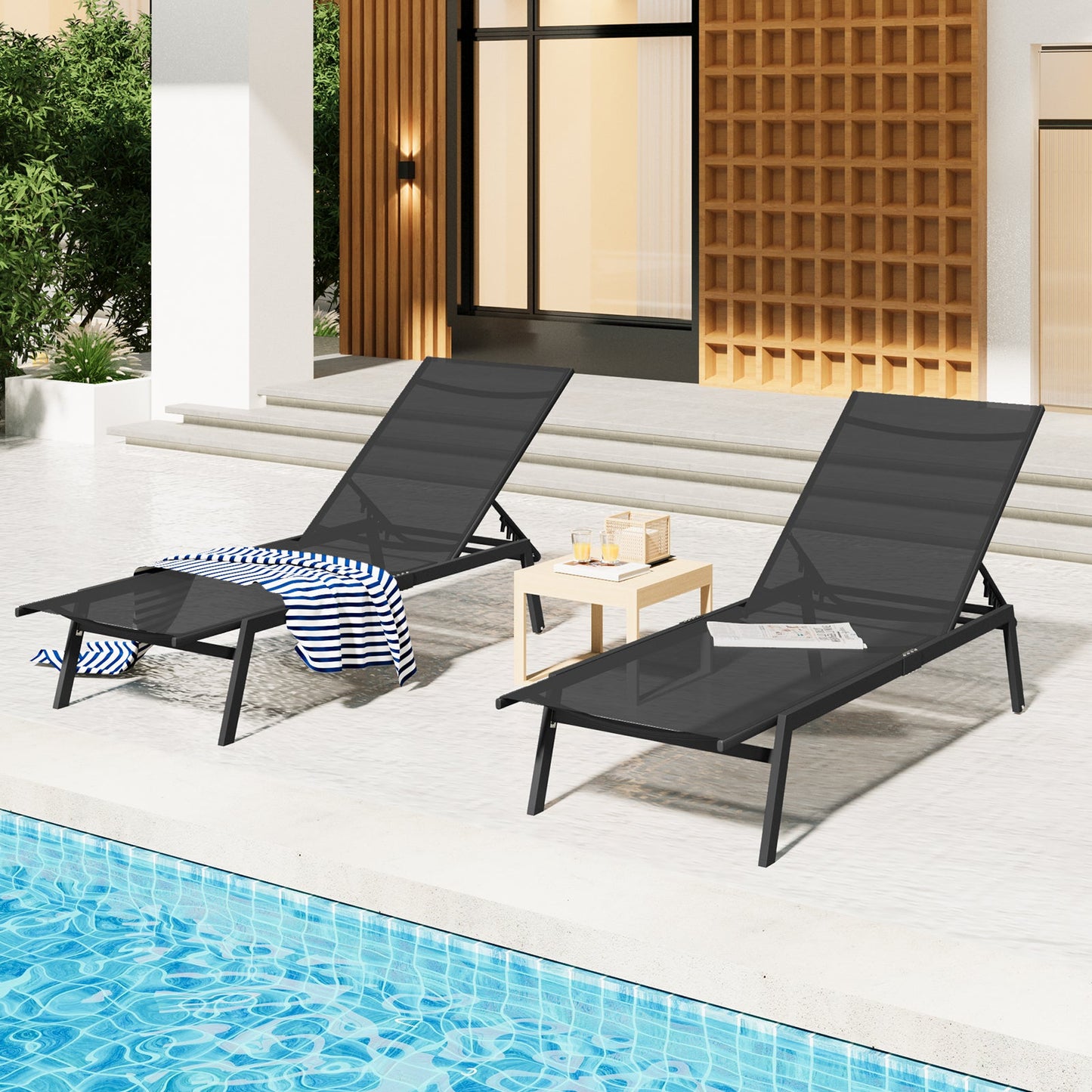 YODOLLA 2 PCS Curved Design Pool Lounge Chairs, Black