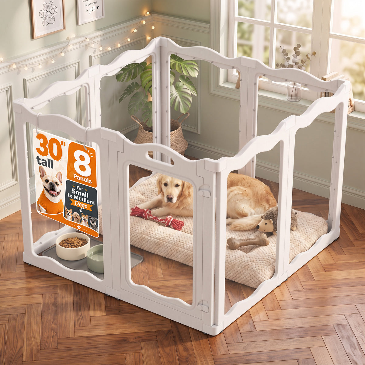 YODOLLA Clear Acrylic Dog Playpen Indoor, 30" H, 8 Panels, White