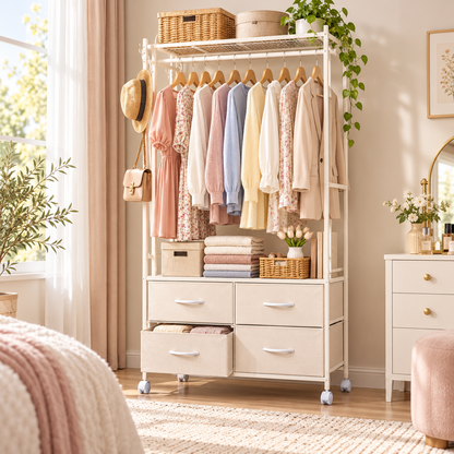 YODOLLA Rolling Clothes Rack with 4 Fabric Drawers, Portable Closet Organizer for Hanging Clothes