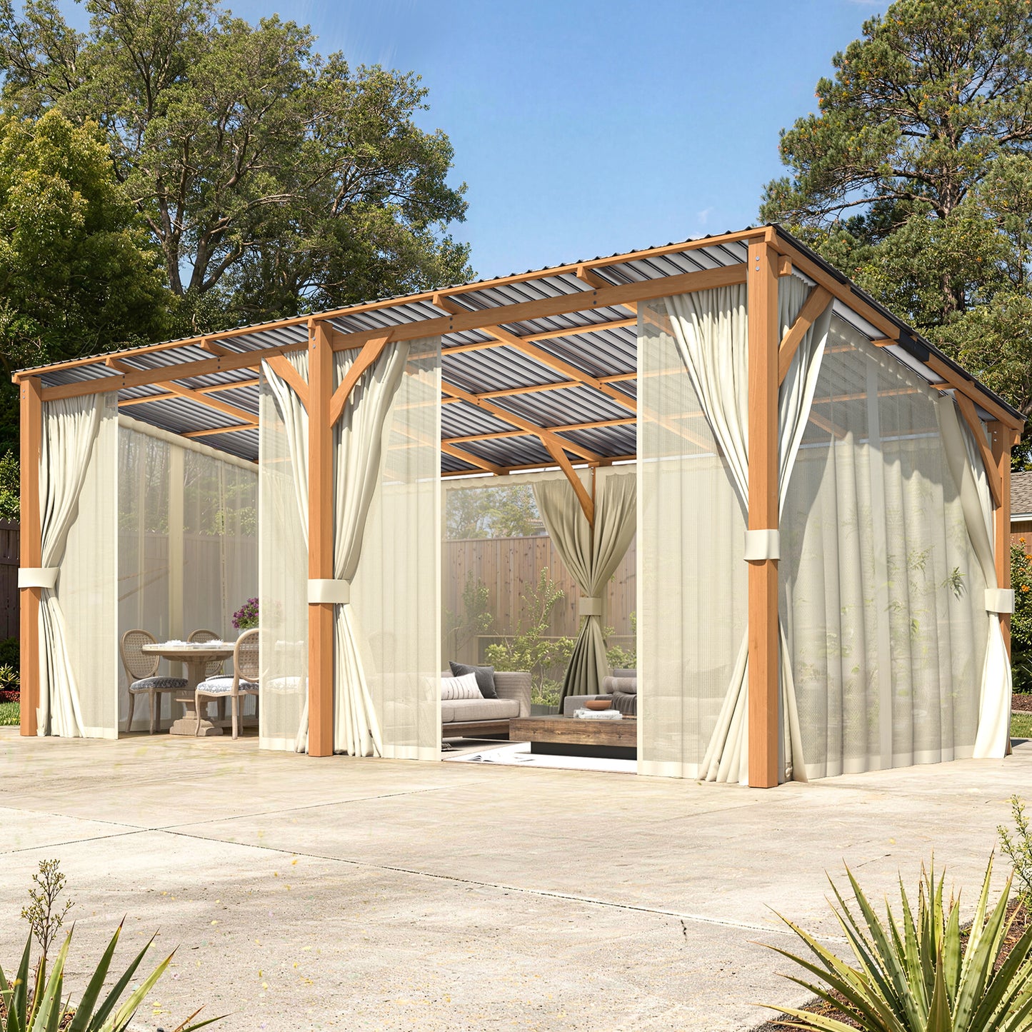 YODOLLA 20x10 Outdoor Wooden Pergola Gazebo with Curtains and Netting for Patio