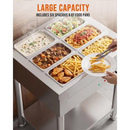 YODOLLA Commercial Food Warmer 1500W Electric Steam Table with 6x6QT Pans & Shelf