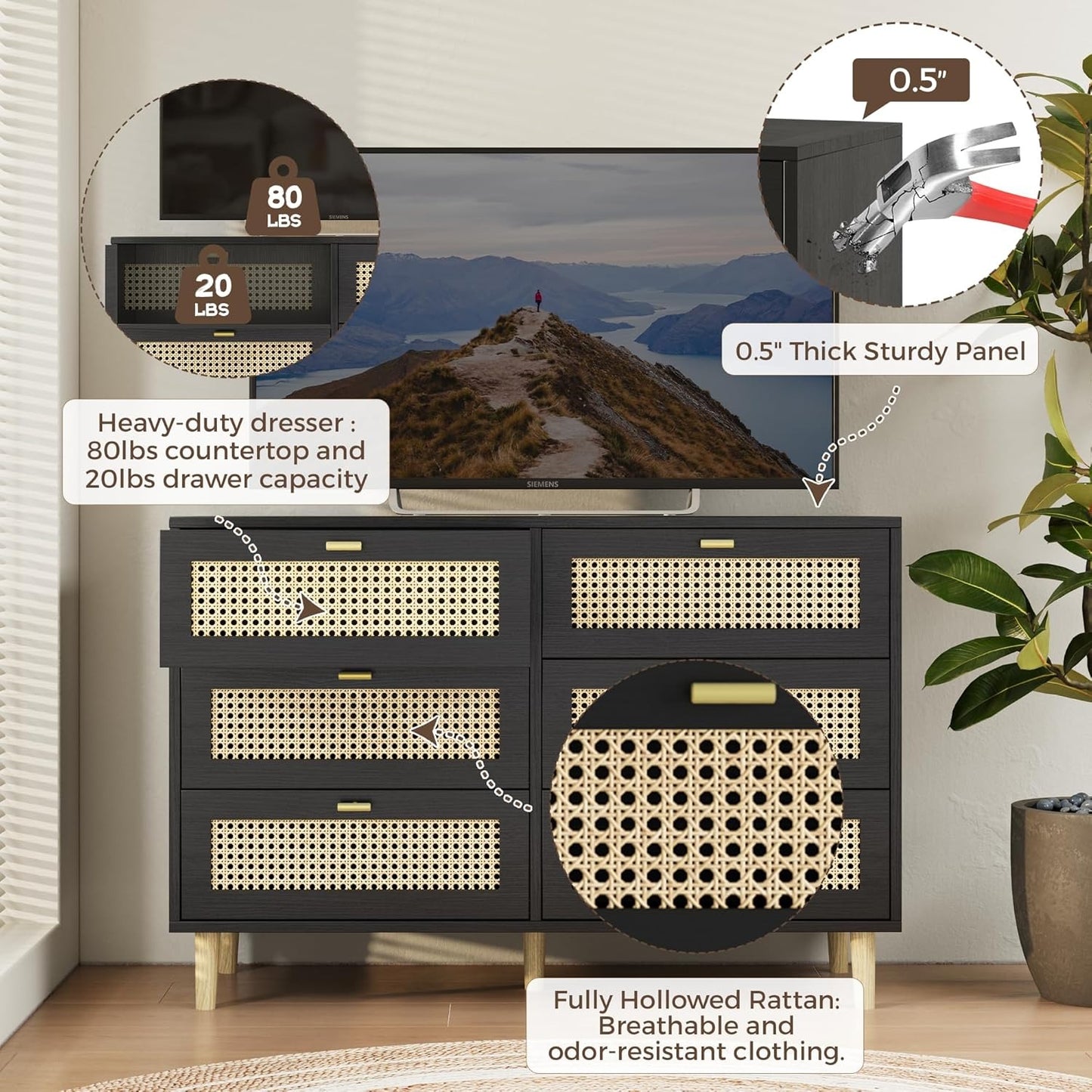 YODOLLA Wicker Dresser 6 Drawer Rattan Dresser, Black