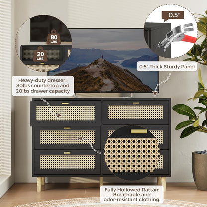 YODOLLA Wicker Dresser 6 Drawer Rattan Dresser, Black