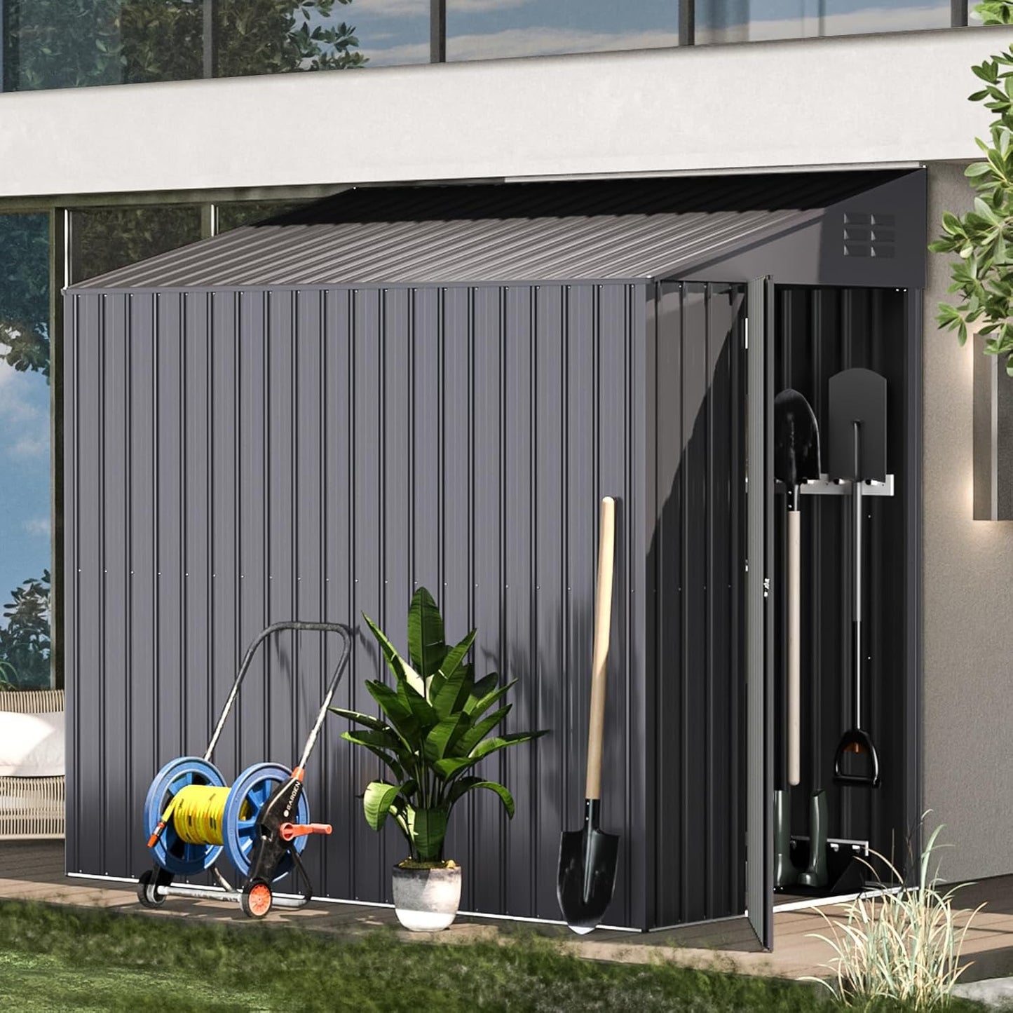 YODOLLA 4' x 7' Outdoor Lean to Storage Shed, Dark Grey