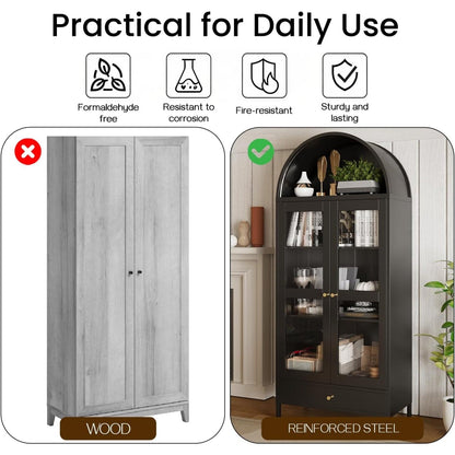 YODOLLA 73'' Kitchen Pantry, Metal Arched Storage Cabinet, Modern Display Bookcase China Cabinet