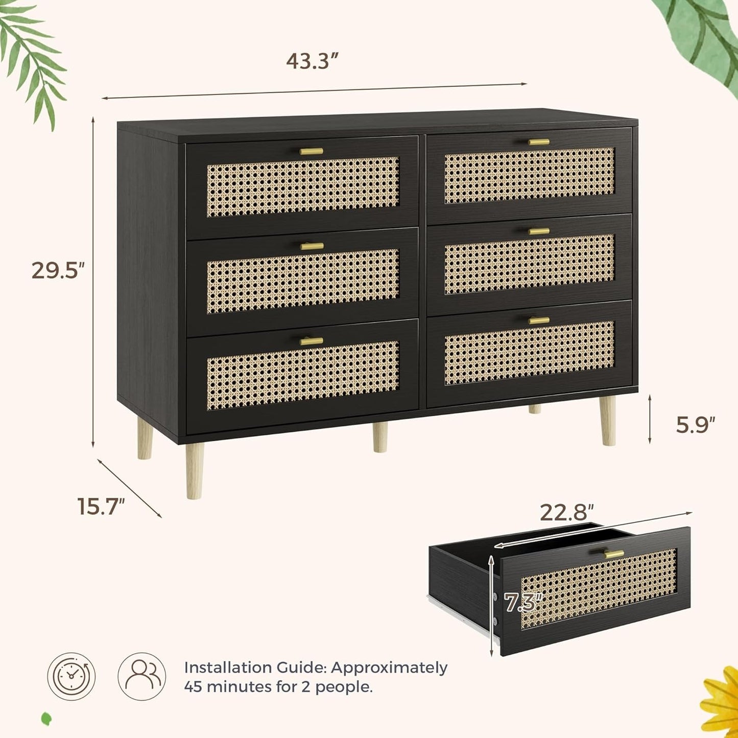 YODOLLA Wicker Dresser 6 Drawer Rattan Dresser, Black
