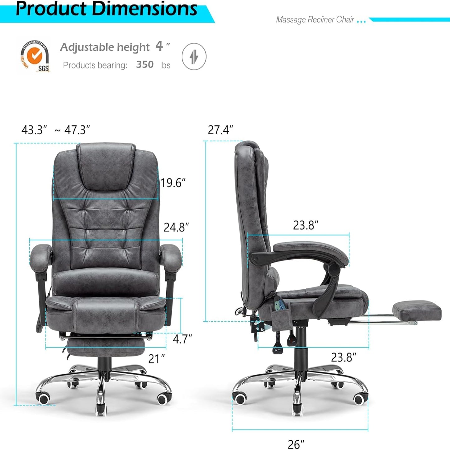 YODOLLA Massage Office Chair with Heat w/Retractable Footrest, Grey Leathaire