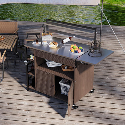 YODOLLA Outdoor Bar Cart with Rattan Storage Cabinet, Brown